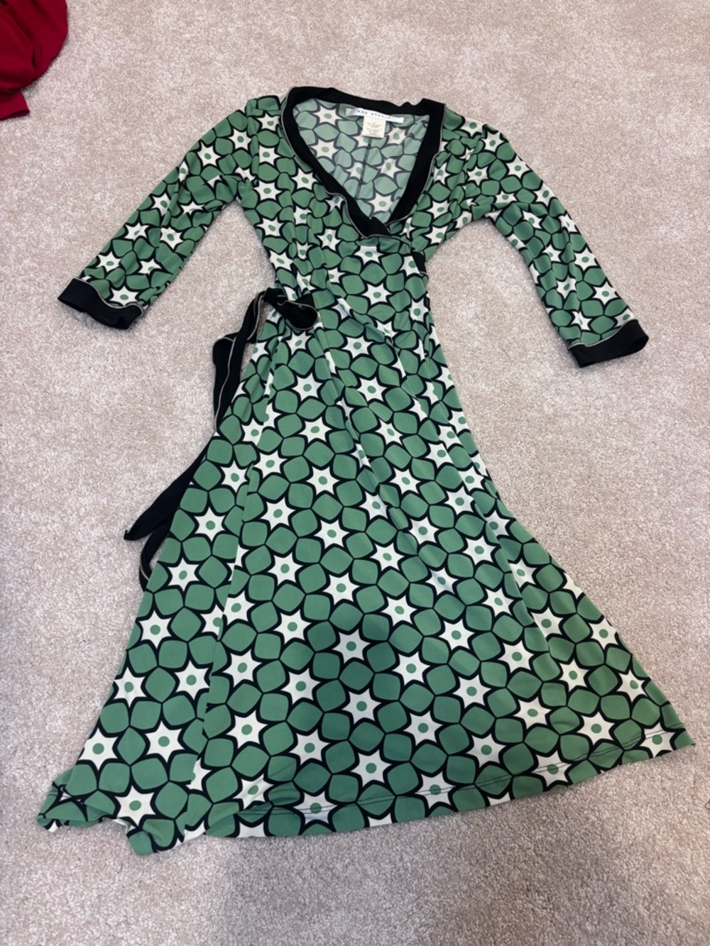 Max Studio Green Geometric Wrap Dress with Black Trim
